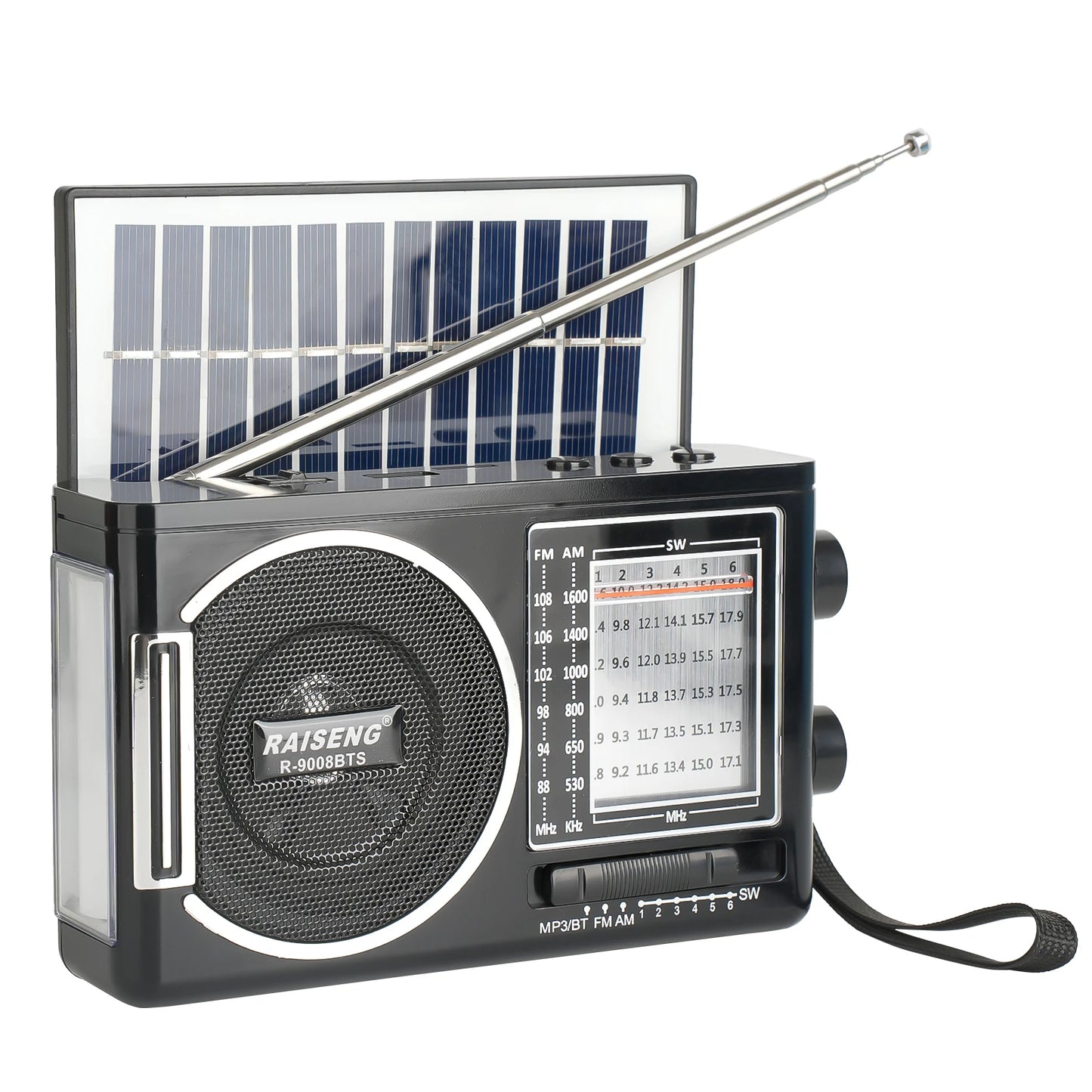9008BTS classic solar radio, AM/FM speaker, USB/TF card interface, 3 charging methods, suitable for outdoor activities