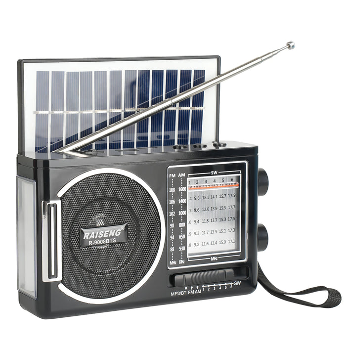 9008BTS classic solar radio, AM/FM speaker, USB/TF card interface, 3 charging methods, suitable for outdoor activities