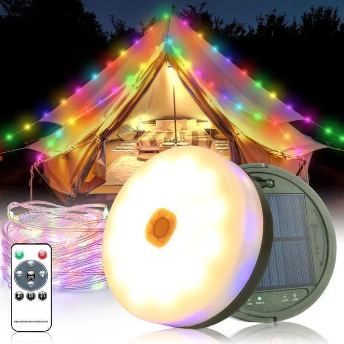 Solar Camping Lamp with String Lights LED Portable Waterproof Tent Lamp with 8 Lighting Modes Hanging Rechargeable Tent Lantern