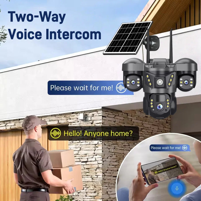 Solar WIFI IP Camera with Battery 15MP Three Lens Three Screen Monitor Night Vision Security Protection PTZ Video Surveillance