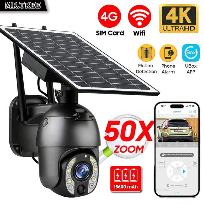 Home Outdoor Surveillance Solar Camera 4G SIM 50X Optical Zoom 4K Wifi Security Protection Cam Human Detection CCTV IP Cameras