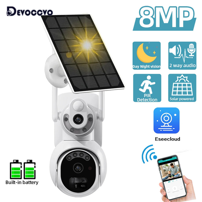 Solar Wireless PTZ Security Camera Auto Traking Outdoor 4K HD Wifi Battery CCTV Video Surveillance Camera Color Night Vision 8MP