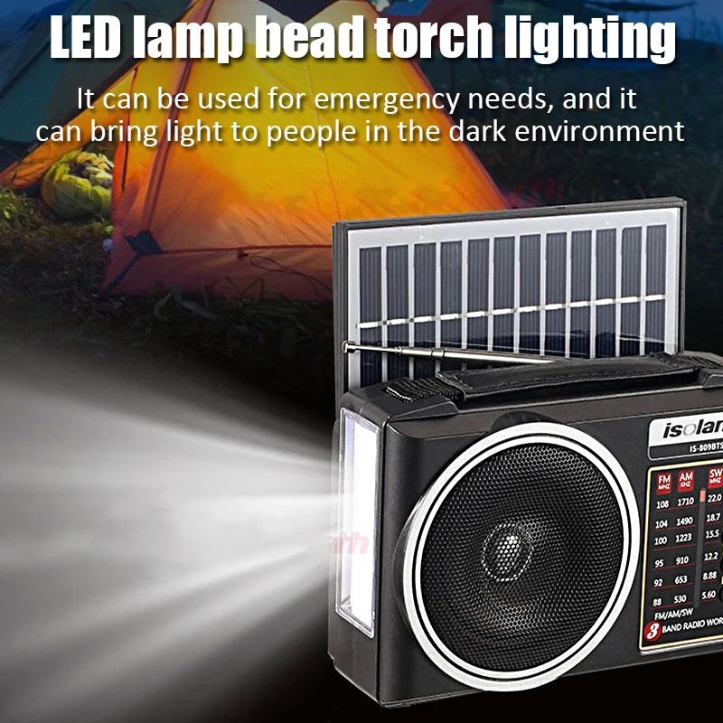 1pc Portable FM/AM/SW Radio Solar Charging Multi Band Emergency Radios Receiver Powerful Bluetooth Speaker with Flashlight USB