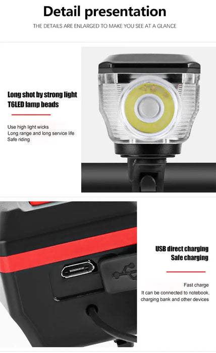 Solar Bicycle Light USB Rechargeable Power Display MTB Mountain Road Bike Front Lamp with Horn Flashlight Bicycle Light