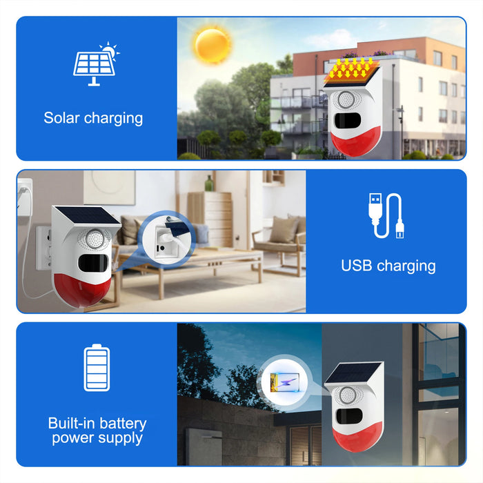 Solar Motion Sensor Alarm Outdoor Solar Alarm 120dB Loud Siren LED Strobe Lights Sound Security Alarm Adjustable Sensing Distanc