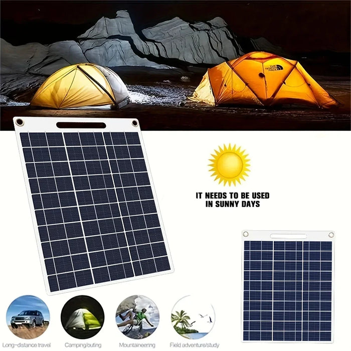 Portable solar power bank with two USB ports, suitable for outdoor camping, charging mobile phones or other electronic devices.