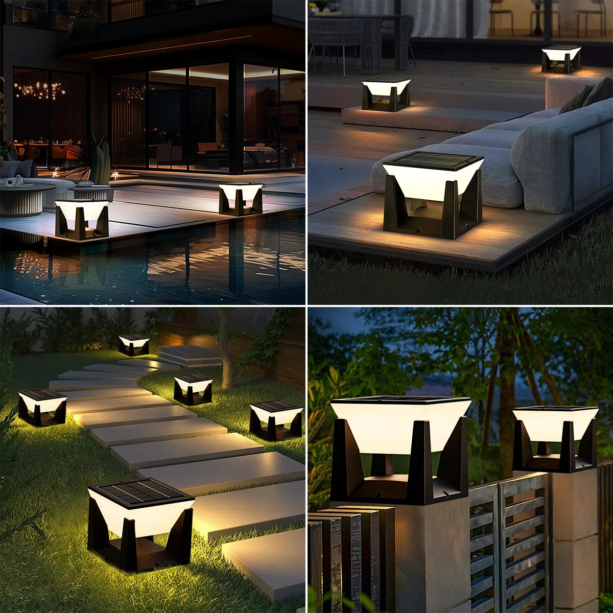 Solar Post Cap Lights Outdoor IP65 Waterproof LED Pillar Lamp Fixtures for Gate Post Fence Deck with 2 Levels Brightness Dusk to