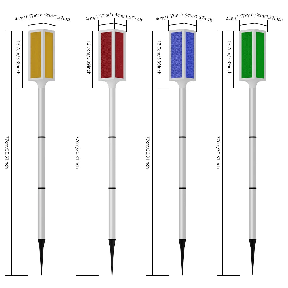Solar powered bollard lights with multiple color and lighting mode options.，Suitable for driveways, gardens, and paths.