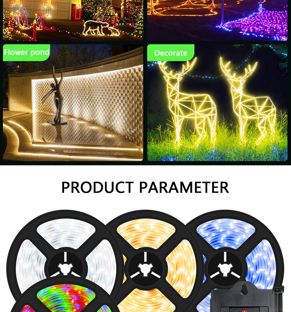 Solar LED Strip Light 8 Modes Fairy Lights Atmosphere IP67 Waterproof 5M 10M Wall Decoration Solar Lamp Christmas Colorful