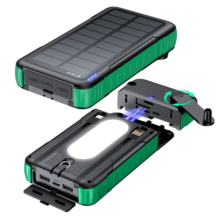 20000mAh Hand Crank Solar Power Bank with Cable Fast Charge Outdoor Portable Powerbank for iPhone Huawei Xiaomi External Battery