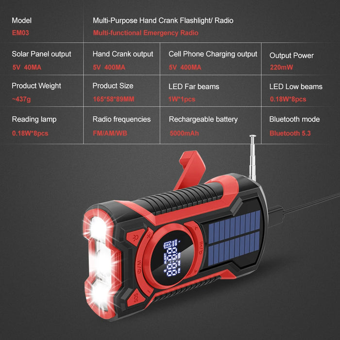 Emergency Radio Hand Crank Solar 5000mAh, IP65 Waterproof Dustproof Bluetooth 5.3 Portable AM/FM/NOAA Weather Alert Radio，red