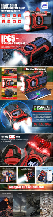 Emergency Radio Hand Crank Solar 5000mAh, IP65 Waterproof Dustproof Bluetooth 5.3 Portable AM/FM/NOAA Weather Alert Radio，red