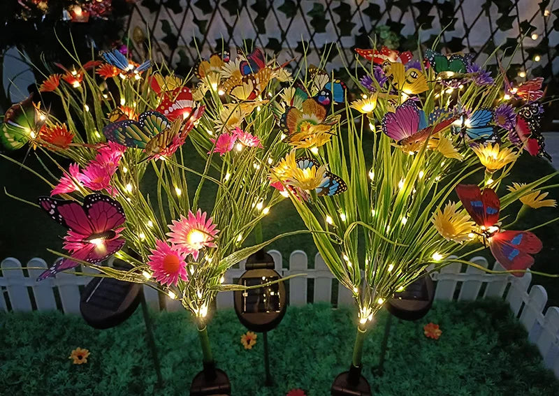 Solar Garden Lights Wild Flower Chrysanthemum Stake Lawn Lamp Waterproof Garden Butterfly  Lamps Yard Art for Home Decoration