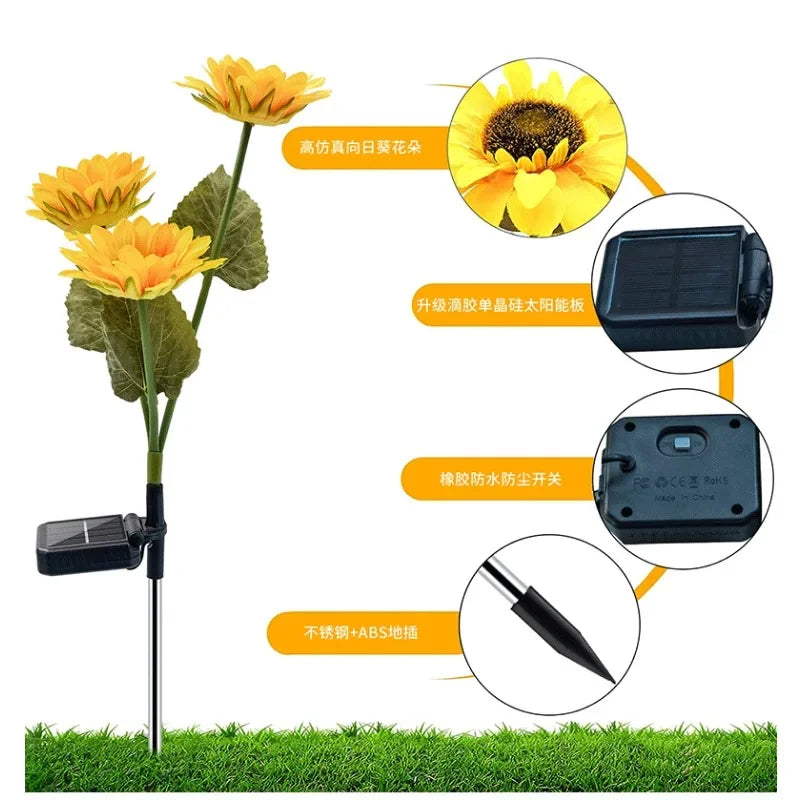 3 Head Solar Sunflower Lights LED Light Garland Outdoor Waterproof Garden Lawn Party Christmas Decoration Solar Powered Lamp