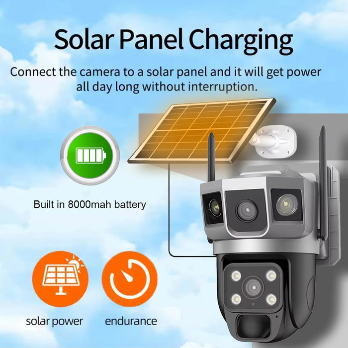 Solar Outdoor Surveillance Camera Dual Lens Triple Monitoring Shots PIR Humanoid Detection Smart Home CCTV WiFi Security Cameras