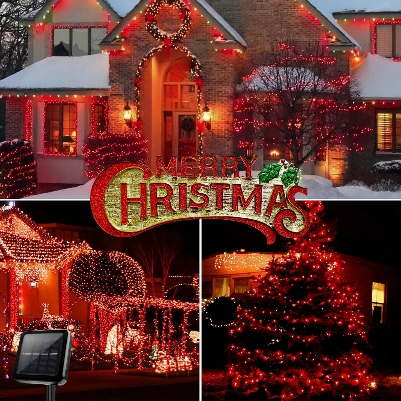 Solar Powered Christmas Lights 50-200 LED Outdoor Light Strings Festive Garden Courtyard Red Blinking Lights with Solar Panel