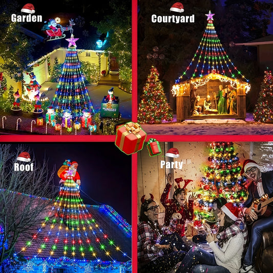 350 LED Solar Christmas Star String Lights 9 Strands Outdoor Fairy Waterfall Tree Lights  For Garden Yard Patio Xmas Decor