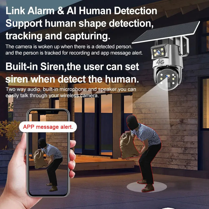 Outdoor Solar Security Camera Lamp Dual Lens 1080P WiFi 4G Alarm 10000mAh PTZ Motion Detect Dual Light Wall Mount