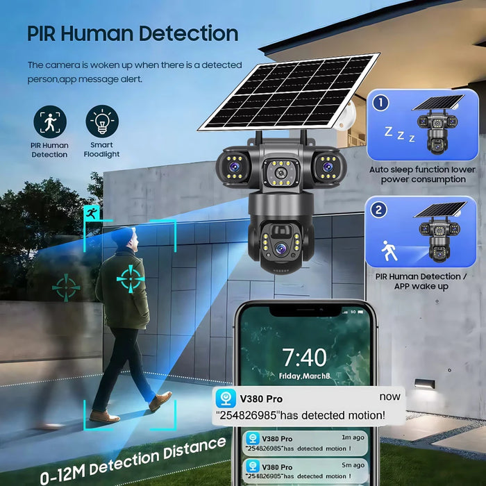 4G Solar Camera Outdoor Triple Lens Triple Screen 6K 12MP Auto Tracking IP Camera CCTV Audio Video PTZ Surveillance WIFI Camera