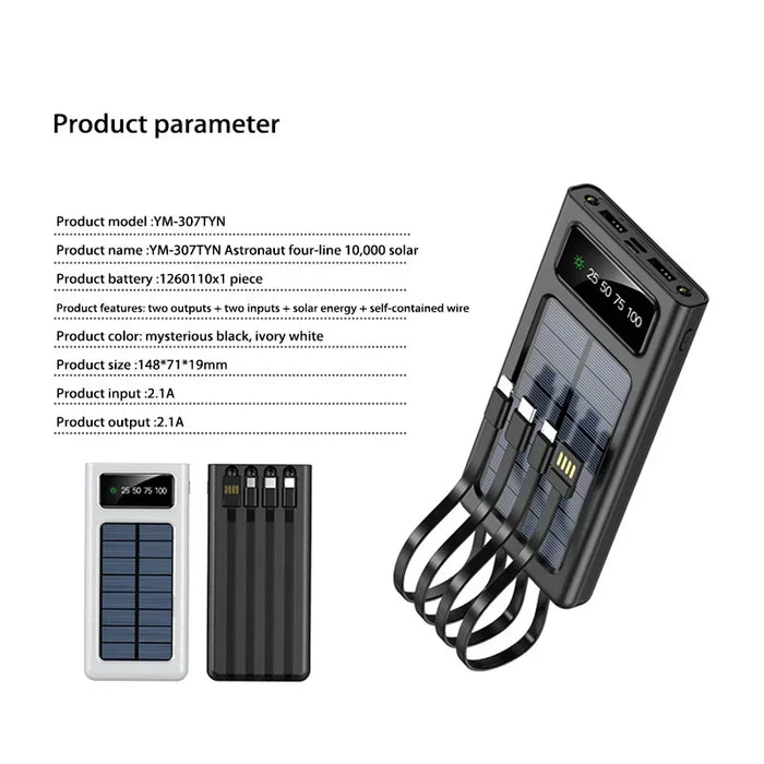 Solar Power Bank Large Capacity Spare Battery Fast Charging Portable Power Banks 20000mAh Auxiliary Batteries Outdoor