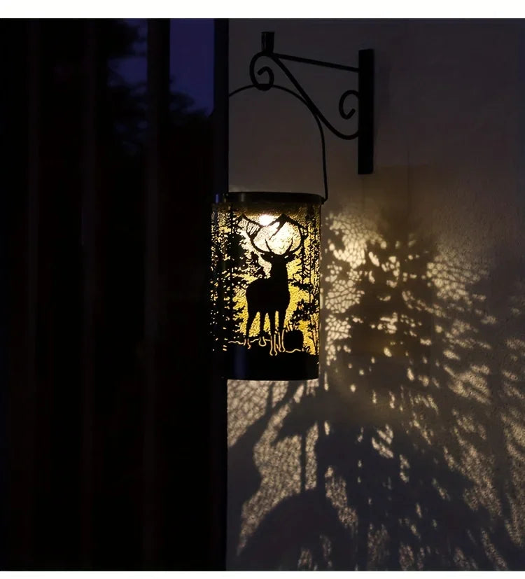 Solar Lantern Deer And Forest Pattern Hollow Projection Light Outdoor Garden Decor Threshold Courtyard Landscape Terrace Lamp