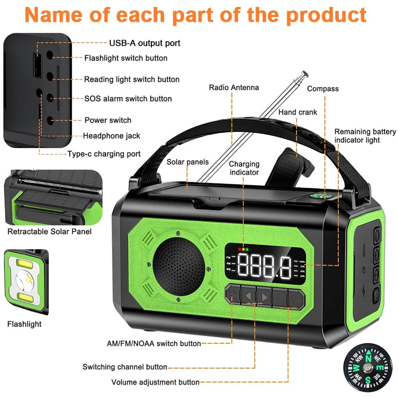 12000mAh Emergency Radio Hand Crank Portable Solar Radio Weather Radio SOS Alarm Flashlight Phone Charger Compass Reading Lamp