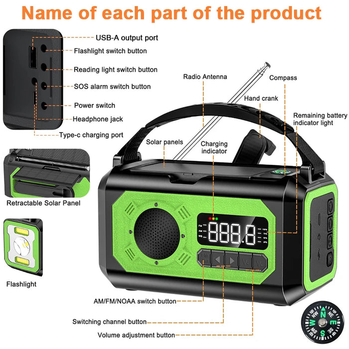 12000mAh Emergency Radio Hand Crank Portable Solar Radio Weather Radio SOS Alarm Flashlight Phone Charger Compass Reading Lamp