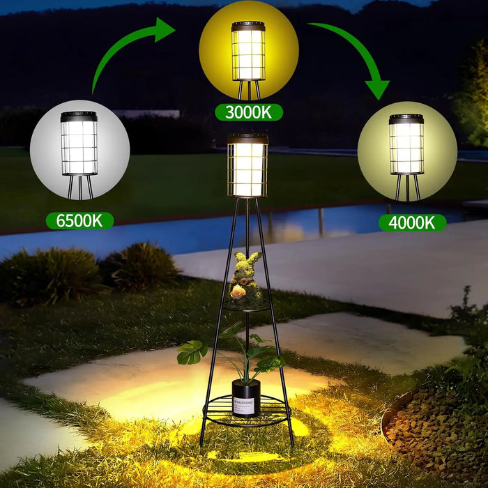 Outdoor Patio Decor Solar Floor Lamp with Plant Stand Waterproof Flower Shelf Solar Lights for Porch Garden Deck Yard