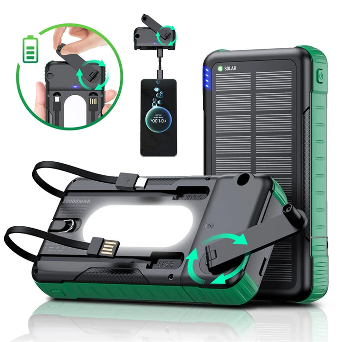 20000mAh Hand Crank Solar Power Bank with Cable Fast Charge Outdoor Portable Powerbank for iPhone Huawei Xiaomi External Battery