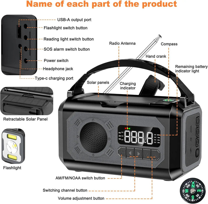 12000mAh Emergency Radio Hand Crank Portable Solar Radio Weather Radio SOS Alarm Flashlight Phone Charger Compass Reading Lamp