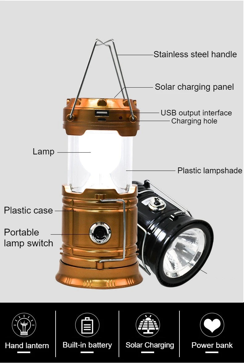 Powerful Solar LED Camping Lantern Outdoor Camp Tent Lamp USB Rechargeable Portable Emergency Lights Stretch Hang Lantern