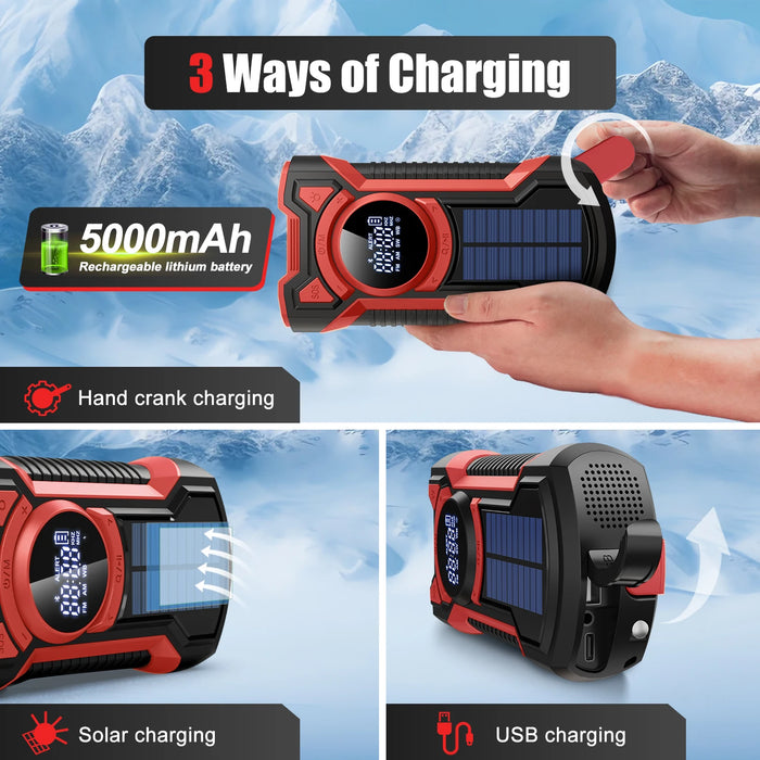 Emergency Radio Hand Crank Solar 5000mAh, IP65 Waterproof Dustproof Bluetooth 5.3 Portable AM/FM/NOAA Weather Alert Radio，red