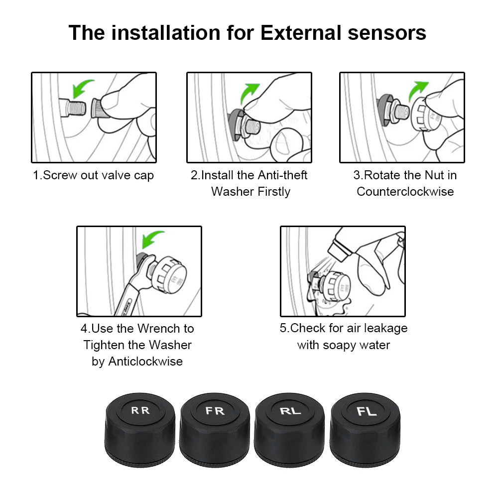Car Tire Pressure Alarm Monitor System Solar Power TPMS Temperature Alert LCD Display With 4 Internal/External Sensor