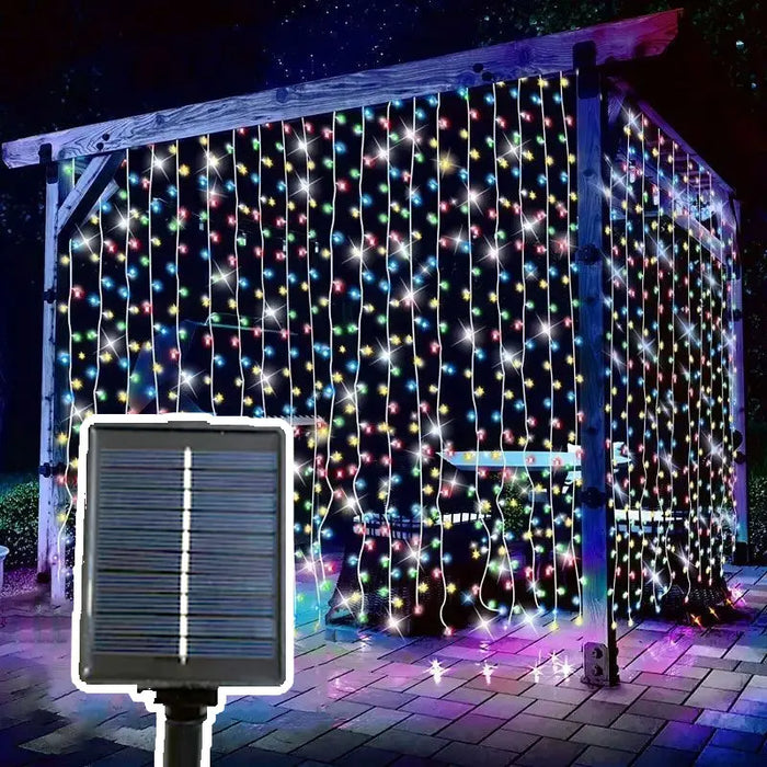 Christmas LED Solar Courtyard Curtain Lights Outdoor Waterproof Fairy String Lights with 8 Modes Garden Window Bedroom Wedding