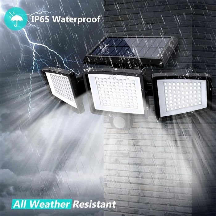 Solar Security Lights 210 LED 3 Head Motion Sensor Flood Light w/ Remote Waterproof 270° Wall Light with 3 Modes for Garage Yard