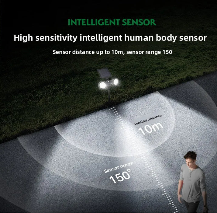 Solar spotlights for outdoor courtyard landscapes, dual head ground penetrating trees, human body sensing lawn lights