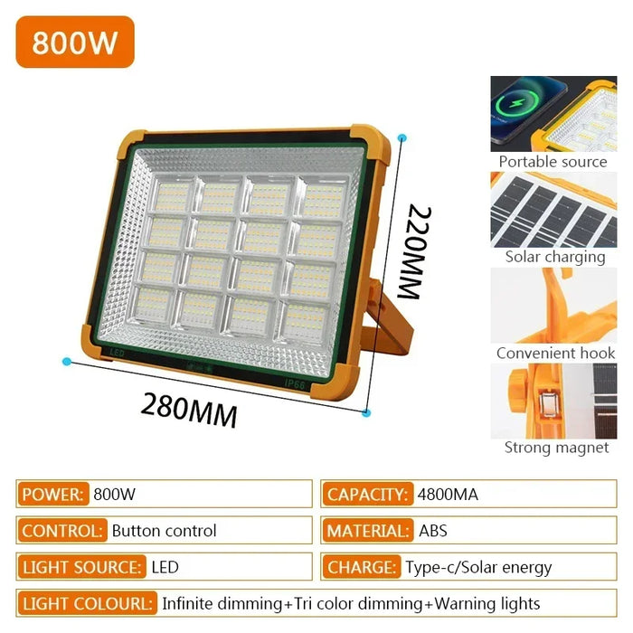 NEW 200-800W Outdoor Solar LED Floodlight Emergency Lighting Rechargeable Outdoor Camping Portable Waterproof Fishing Spotlight