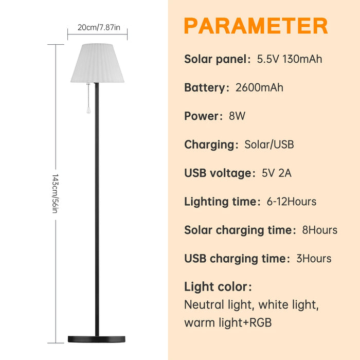 Solar Powered USB Charging Outdoor Floor Lamp for Patio Waterproof Rechargeable Cordless Solar Floor Lamp with Light Sensor