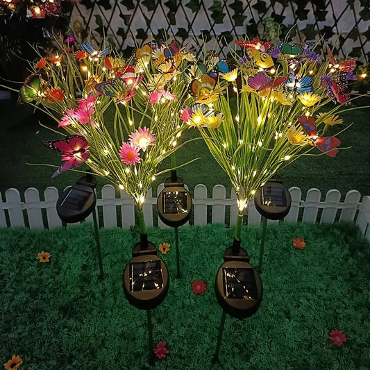 Solar Garden Lights Wild Flower Chrysanthemum Stake Lawn Lamp Waterproof Garden Butterfly  Lamps Yard Art for Home Decoration