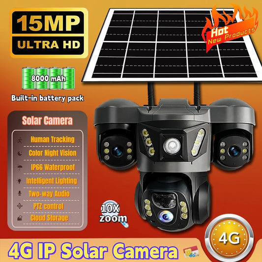 Solar 4G Camera 15MP Triple Lens Triple Screen 10x Zoom Outdoor Waterproof Battery Surveillan PIR Human Detection V380 Pro Cam