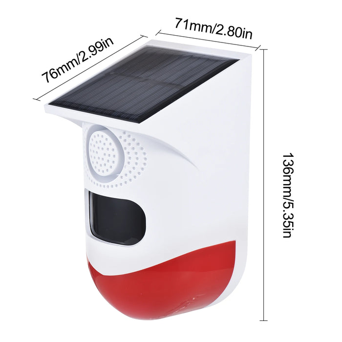 Solar Motion Sensor Alarm Outdoor Solar Alarm 120dB Loud Siren LED Strobe Lights Sound Security Alarm Adjustable Sensing Distanc