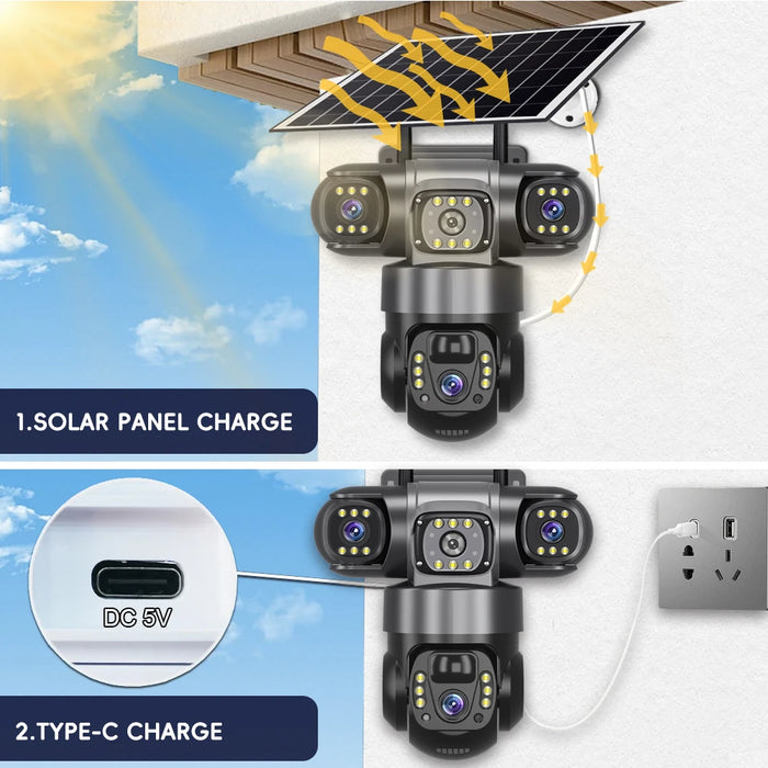 4G Solar Camera Outdoor Triple Lens Triple Screen 6K 12MP Auto Tracking IP Camera CCTV Audio Video PTZ Surveillance WIFI Camera