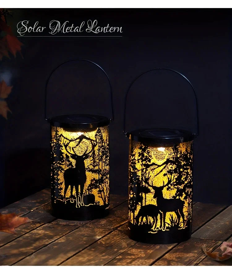 Solar Lantern Deer And Forest Pattern Hollow Projection Light Outdoor Garden Decor Threshold Courtyard Landscape Terrace Lamp