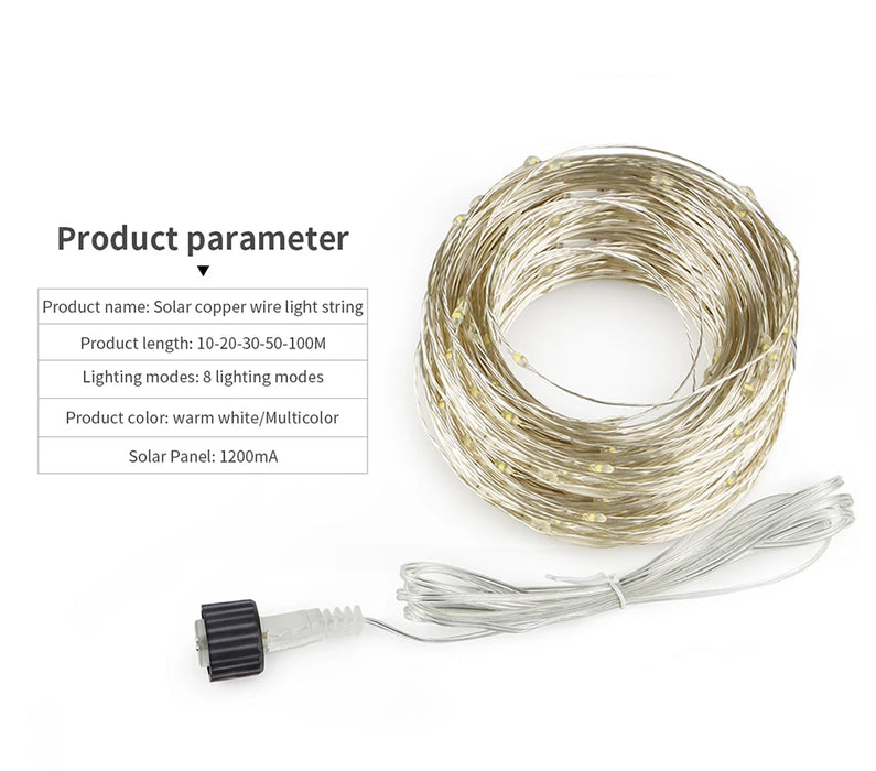LED String Light With Large Solar Panel 10M-100M 10 LEDs/M Waterproof Warm White/ RGB Fantasy Color For Outdoor Garden Courtyard