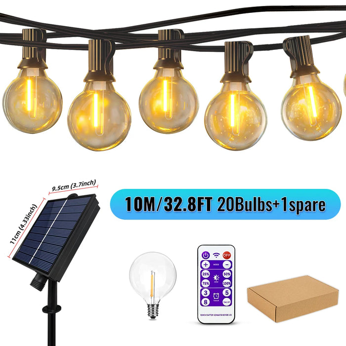 Solar String Lights Outdoor G40 Patio Lights, USB Recharger, 8 Light Modes, Shatterproof Bulbs , Weatherproof Hanging Light