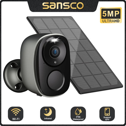 SANSCO 5MP Solar WIFI Surveillance Camera PIR Motion Detection 110° Wide Angle Outdoor Wireless Battery Security Protection CCTV