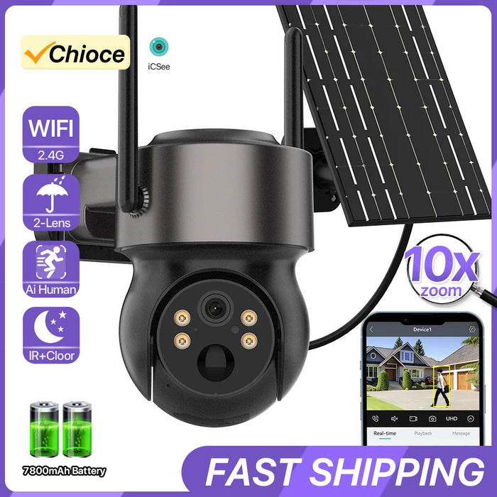 Solar WIFI Camera Built-in Battery Wireless 10X Zoom 3MP HD Camera PIR Detection Security Cam Two-way Audio Surveillance iCSee