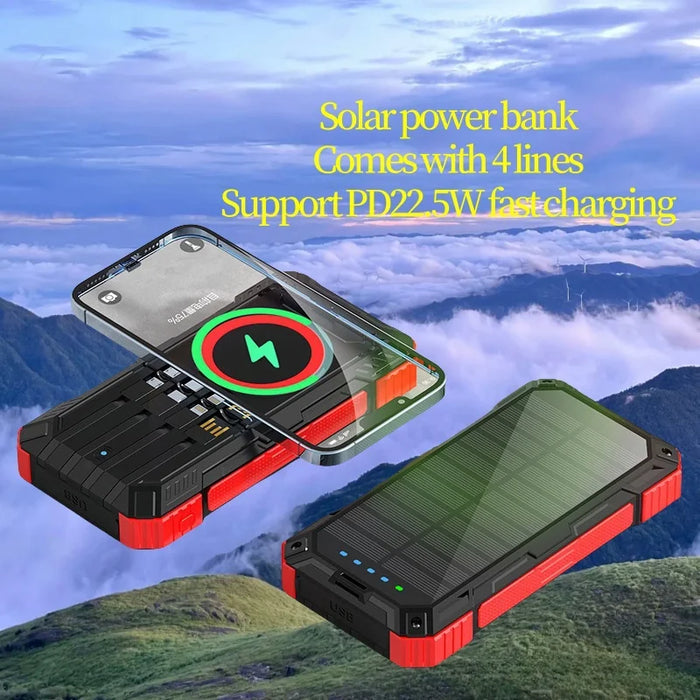 Portable Solar Power Bank Pd22.5W Fast Charging 20000Mah Large Capacity, Wireless Fast Charging and Comes with 4 USB Cord Mobile Power Supply, with Strong Light Led Light, Solar Power Bank Fast Rechargeable Battery