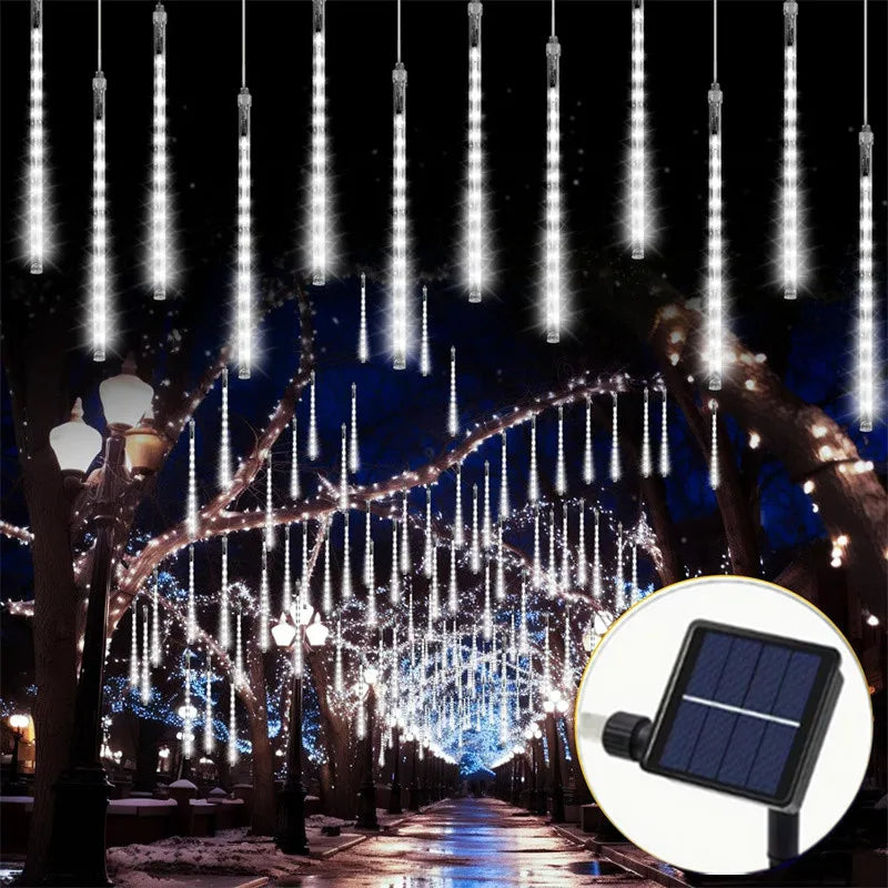 Solar Meteor Shower Light Christmas Tree Outdoor Falling Rain Drop String Lights for Street Wedding Party Garden Eave Decoration