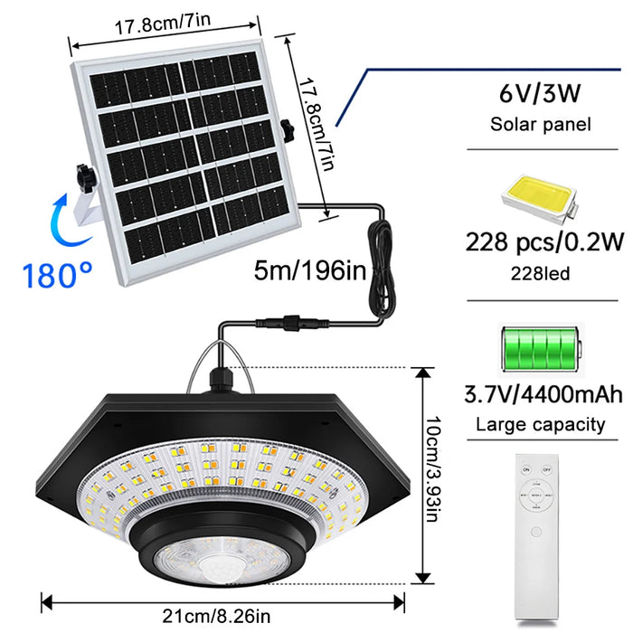 Solar Shed Light Indoor Outdoor 228 LED Pendant Light Motion Sensor with Remote Waterproof 5 Lighting Modes for Barn Gazebo Yard